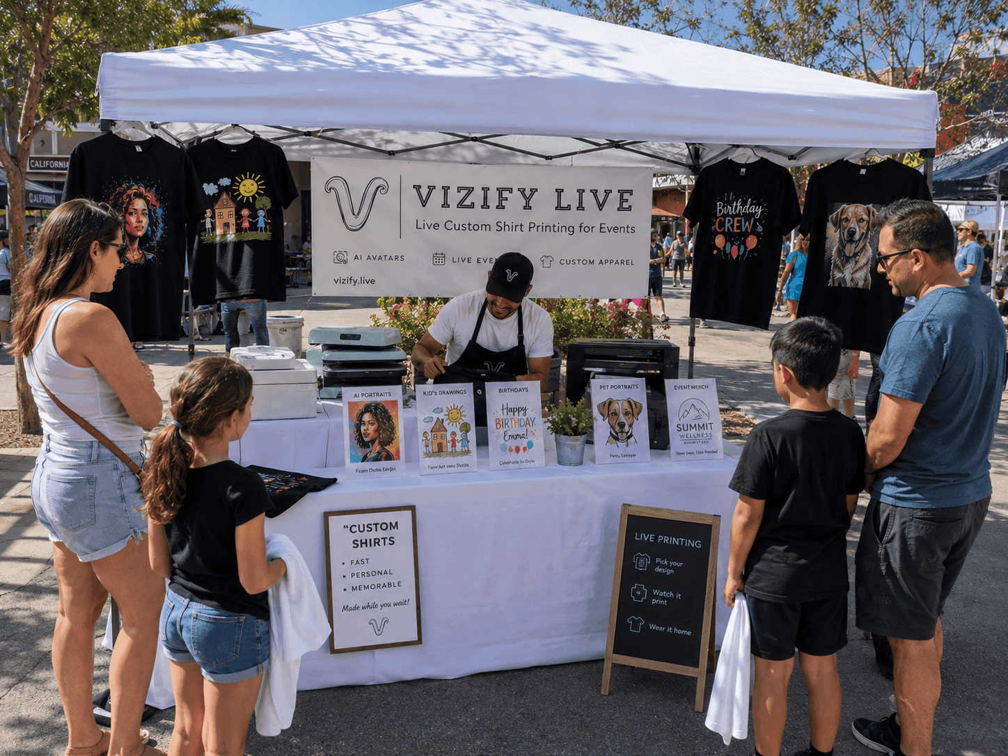 Family gathered around the Vizify Live booth at an outdoor market