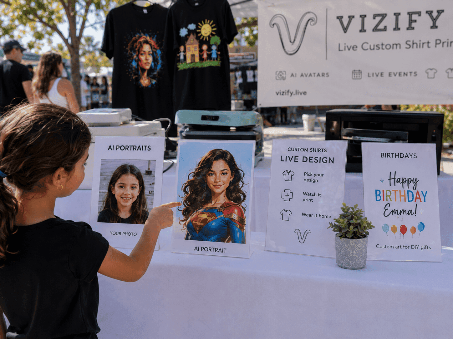Guest comparing her photo with the AI portrait we generated for her shirt