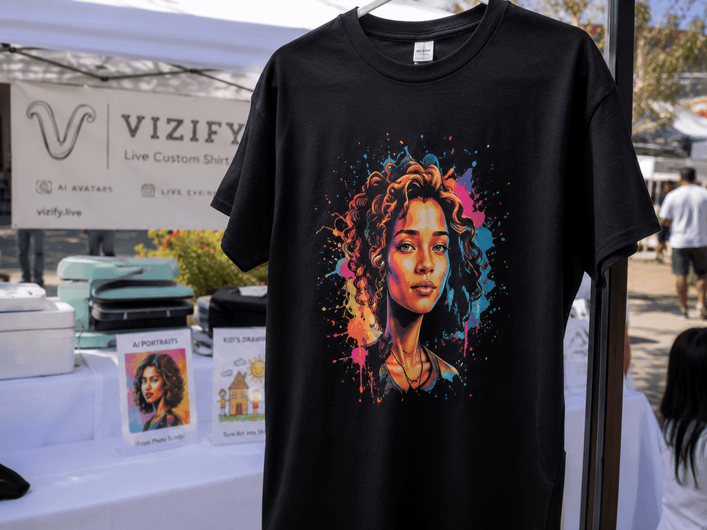 Vibrant AI portrait design printed on a hanging shirt at the booth